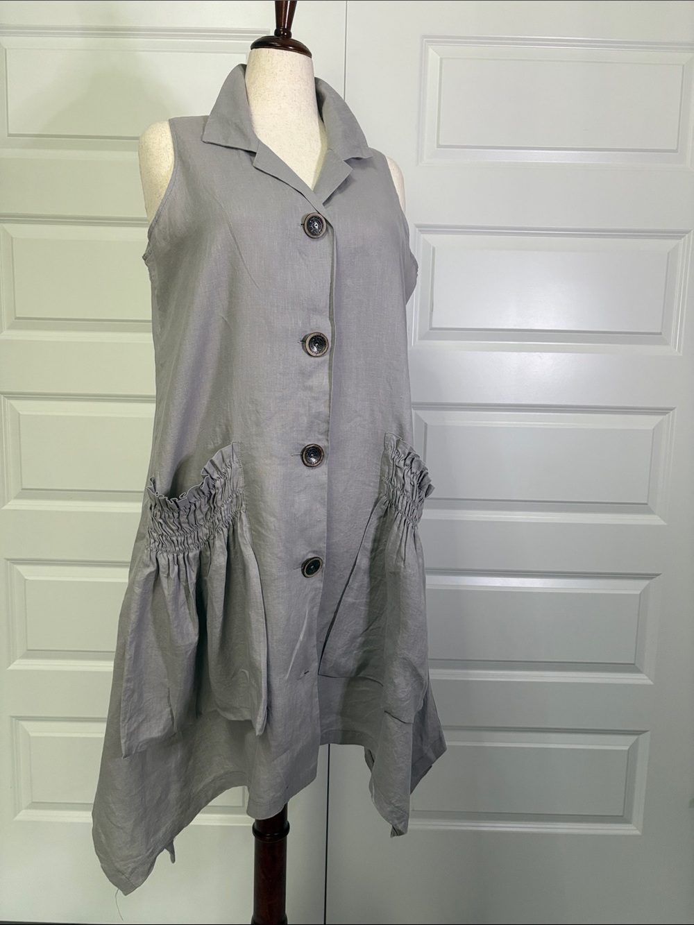 Sleeveless Gray Button-Front A-Line Dress